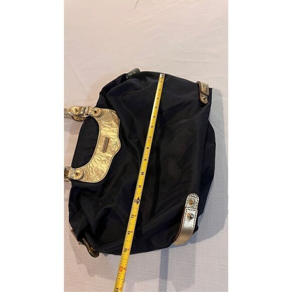 REBECCA MINKOFF NYLON BLACK LEATHER TRAVEL TOTE GOLD TRIM BOHO BAG - Picture 4 of 10